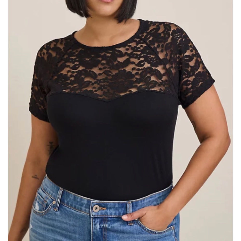 🆕Black Soft Lace Mix Sweetheart Raglan Tee Top 2 2X 18 20 NWT Torrid New TShirt